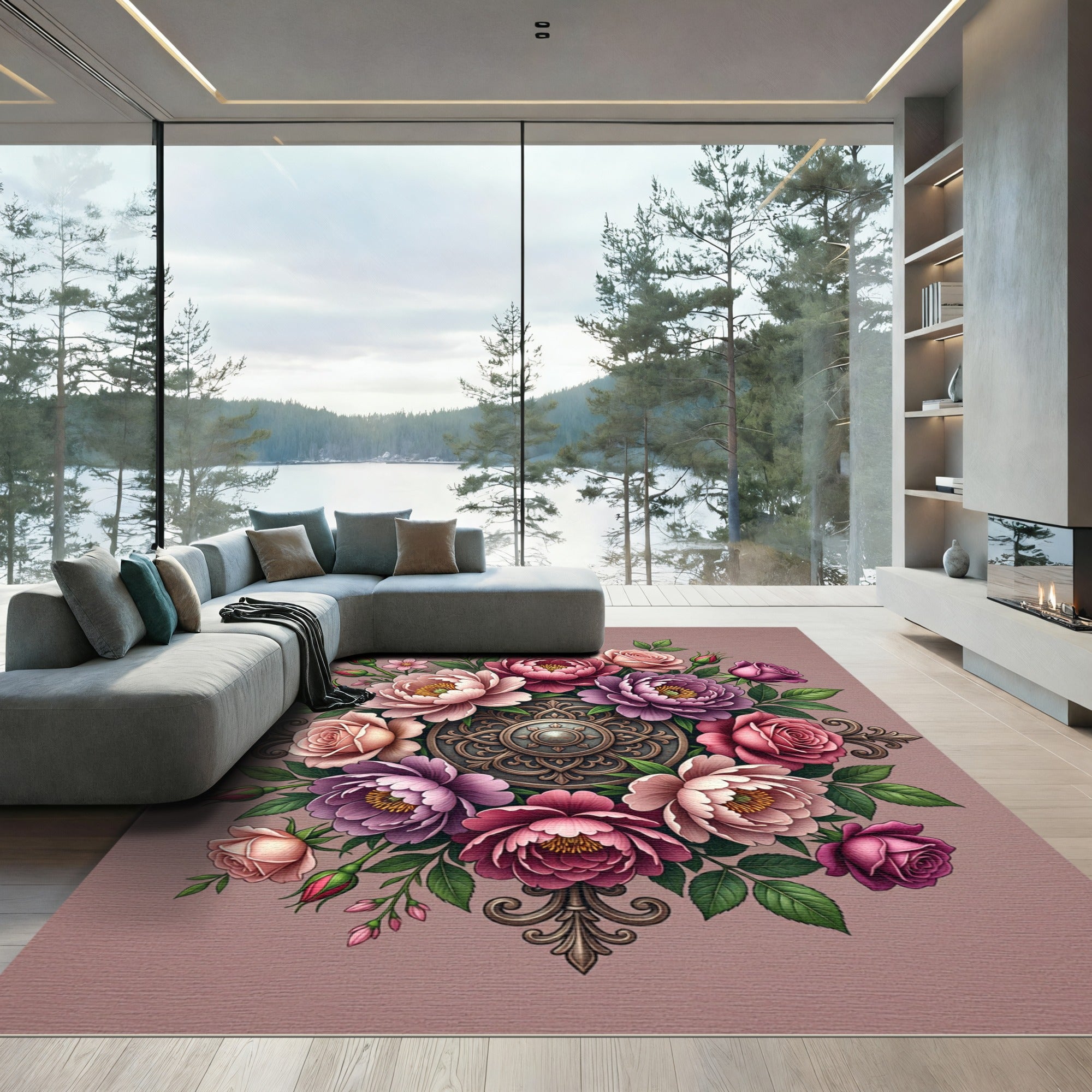 Elegant Floral Medallion Pink Rose Bouquet Rug