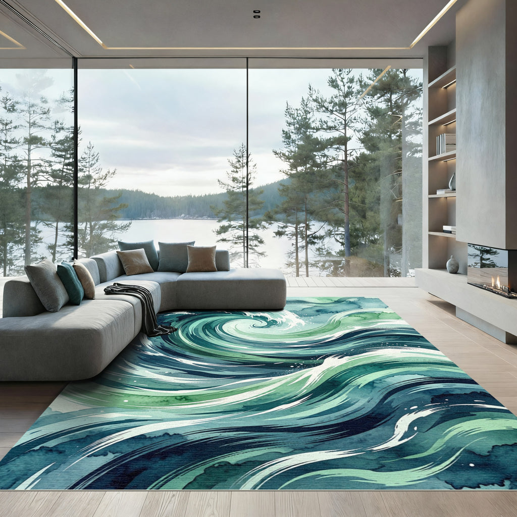 Abstract Teal Ocean Wave Swirl Rug