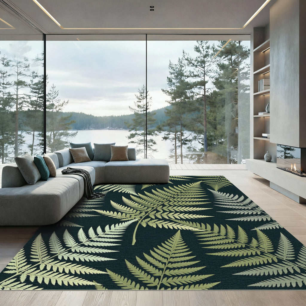 Golden Fern Foliage Dark Background Rug