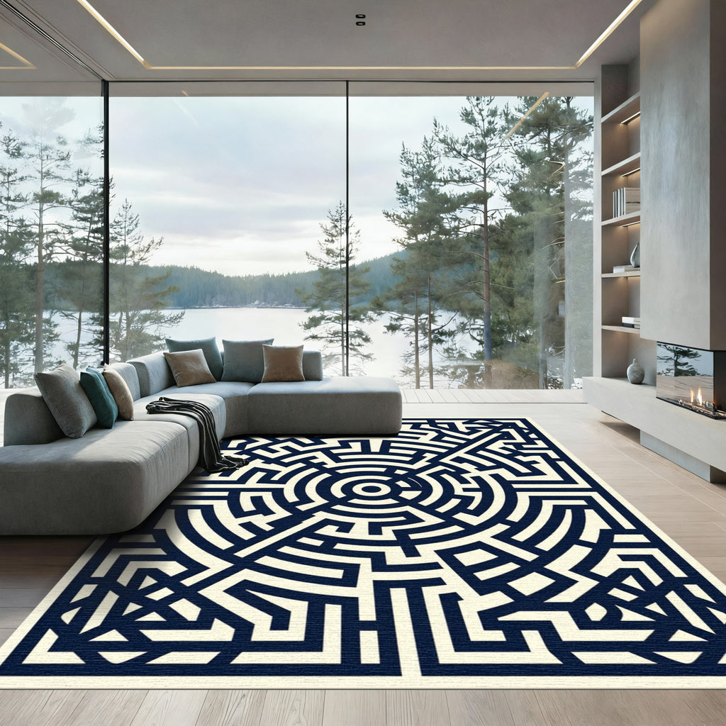 Midnight Maze Circular Geometric Abstract Rug