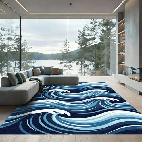 Abstract Navy Blue Rolling Ocean Wave Rug