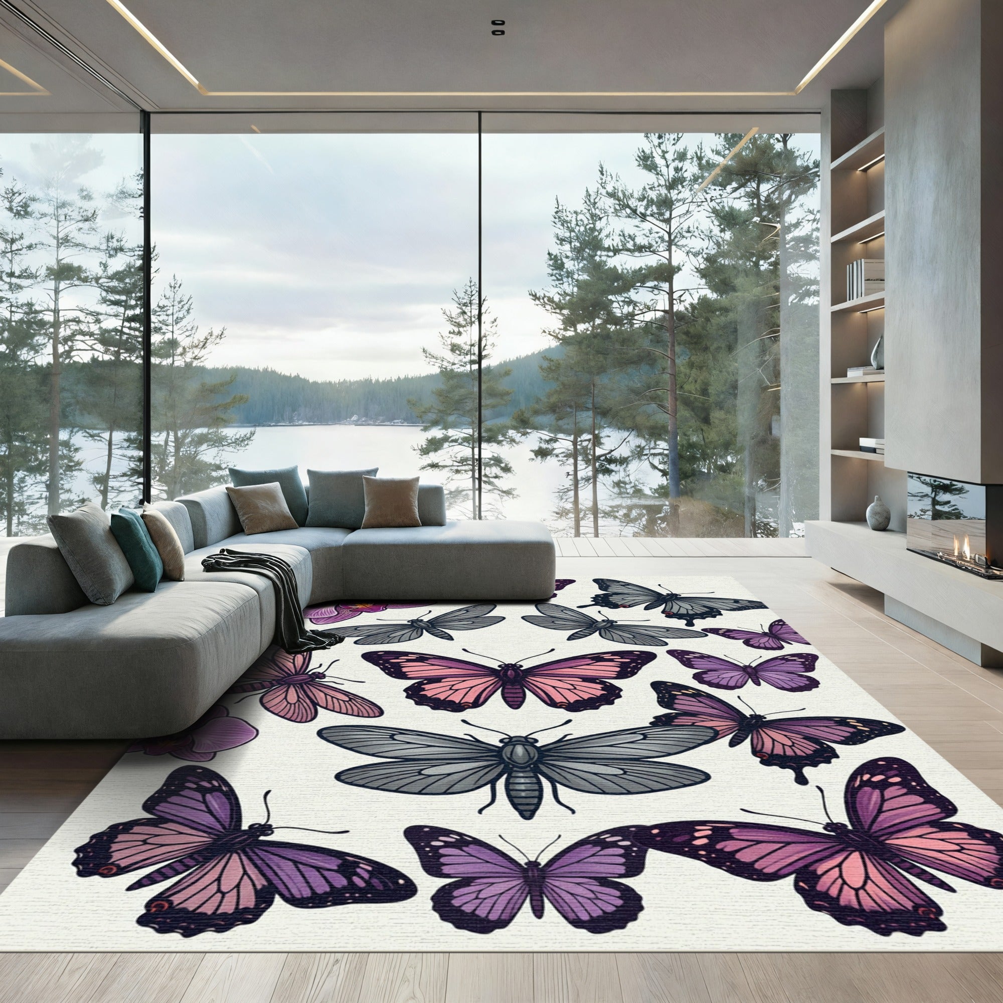 Enchanted Orchid and Lavender Butterfly Garden Rug