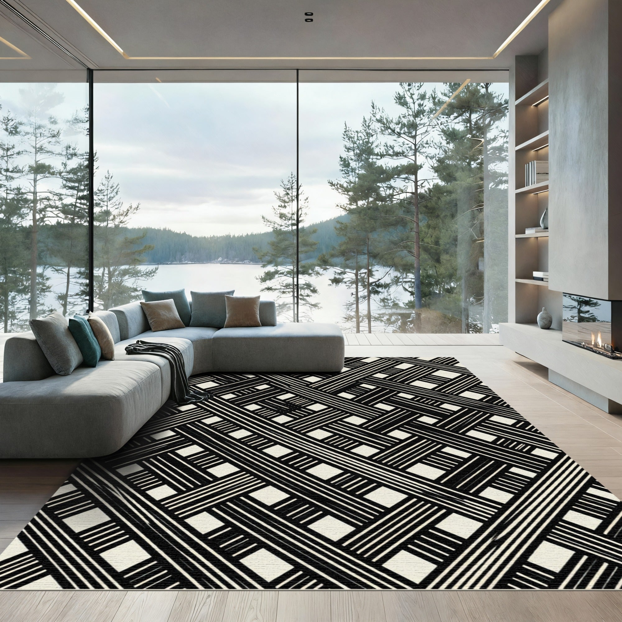 Black Cream Intersecting Lines Geometric Rug