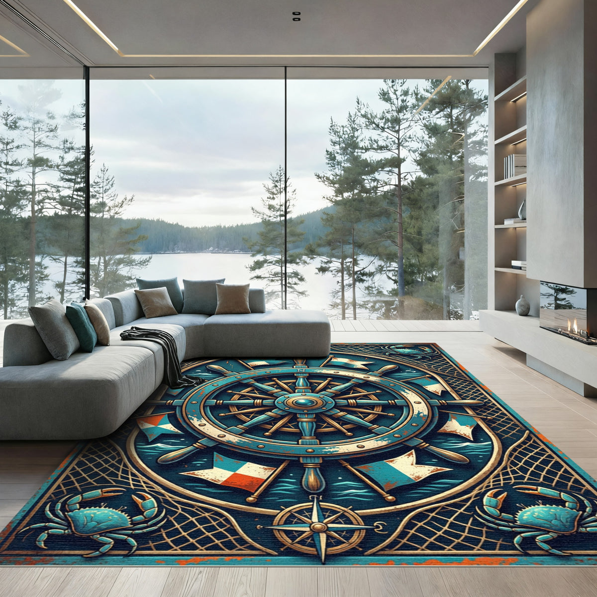 Blue Compass Rug Nautical Deep Blue Crab Compass Wheel Rug – bauhaus