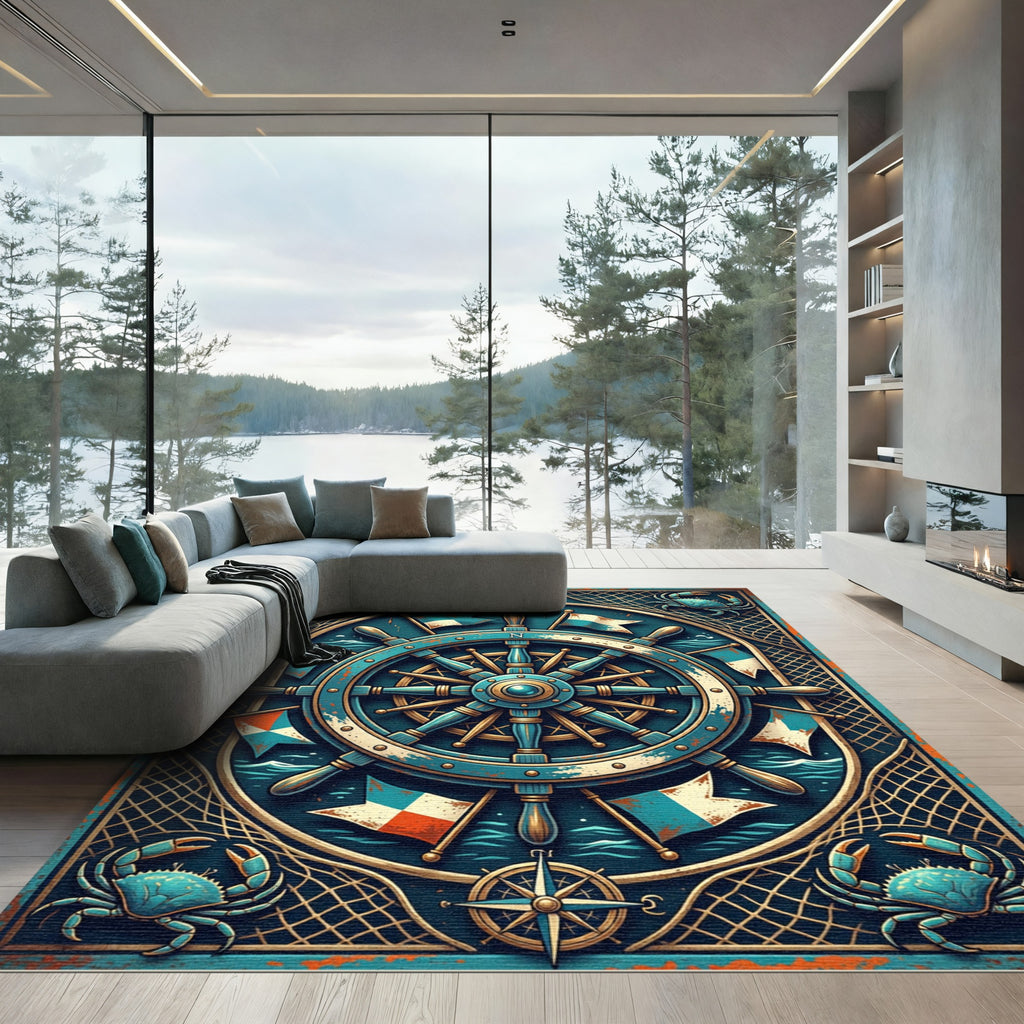 Nautical Deep Blue Crab Compass Wheel Rug