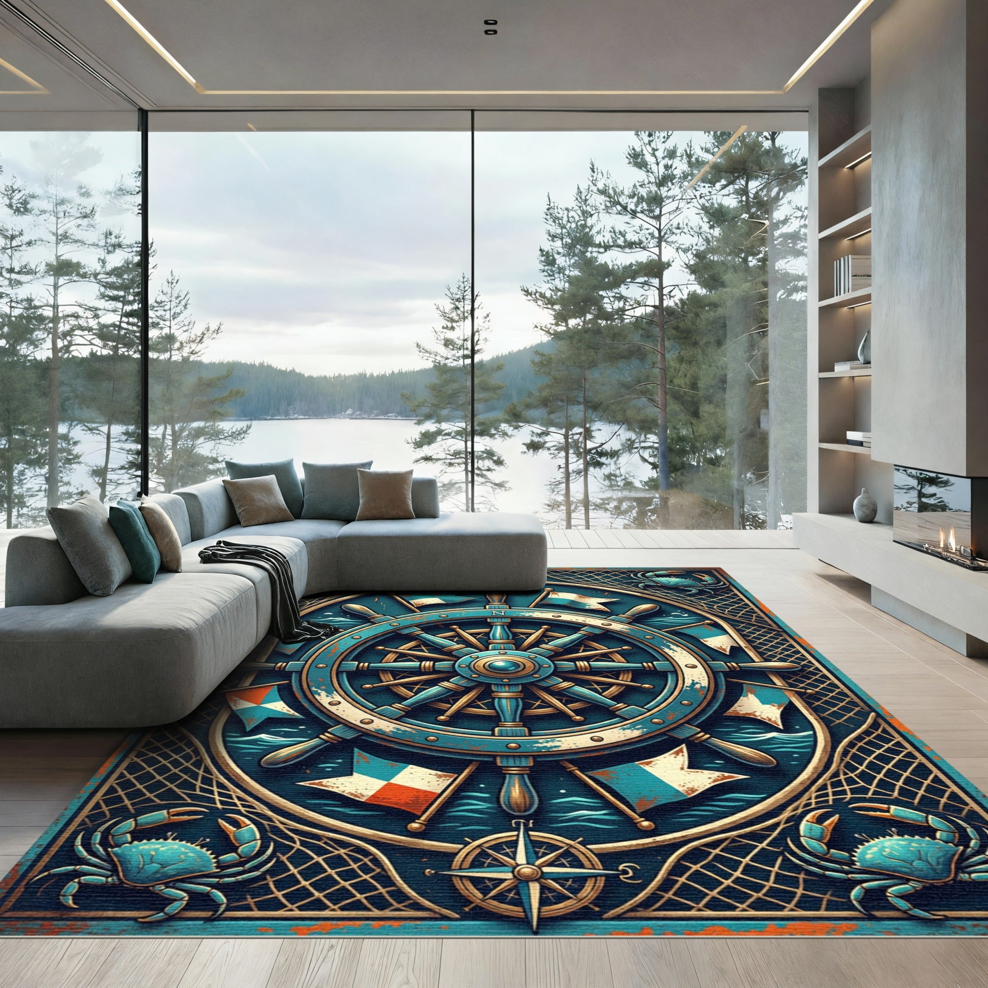 Nautical Deep Blue Crab Compass Wheel Rug