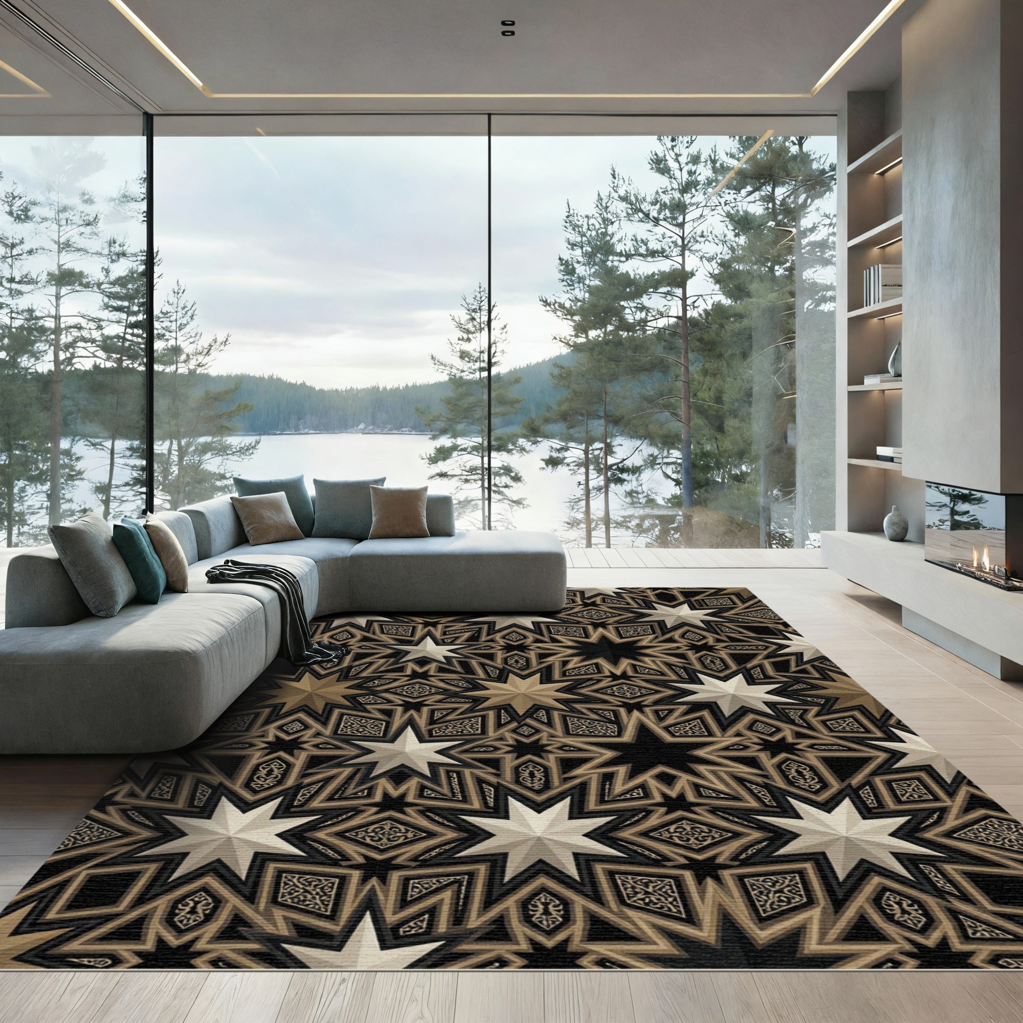 Golden Neutral Starburst Intricate Geometric Rug