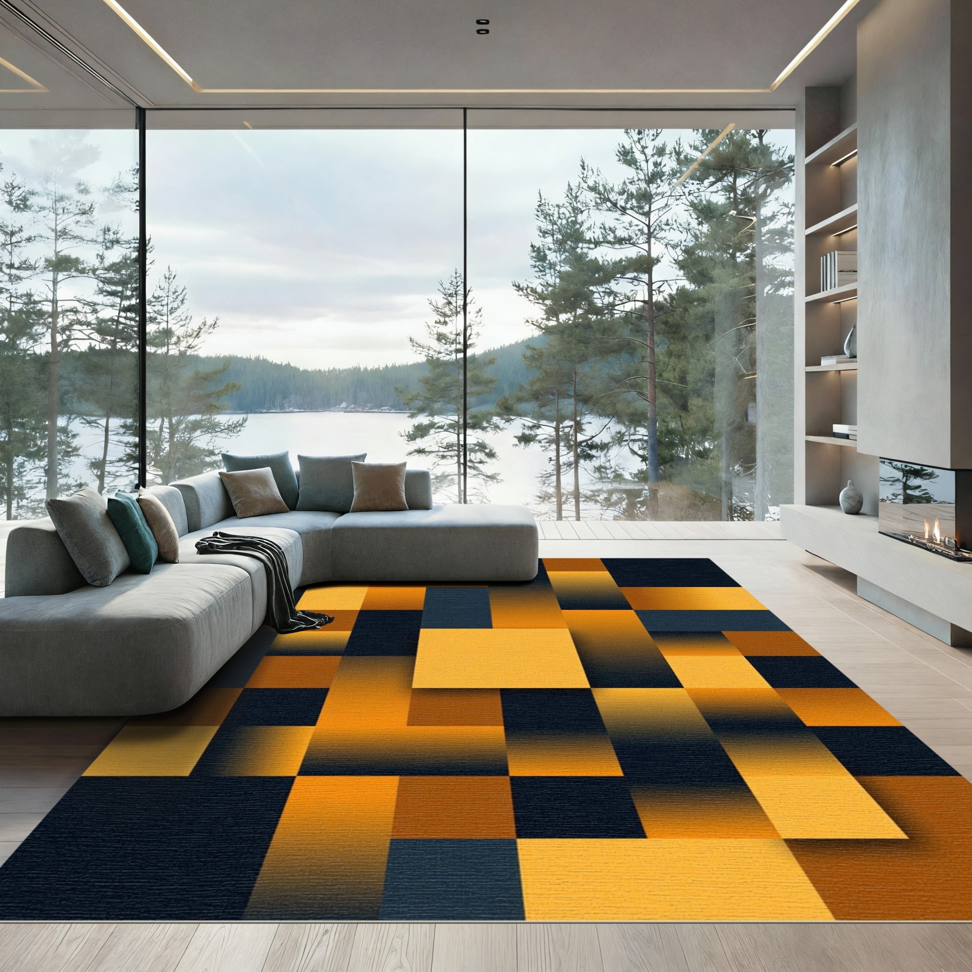 Modern Golden Amber Geometric Block Abstract Rug