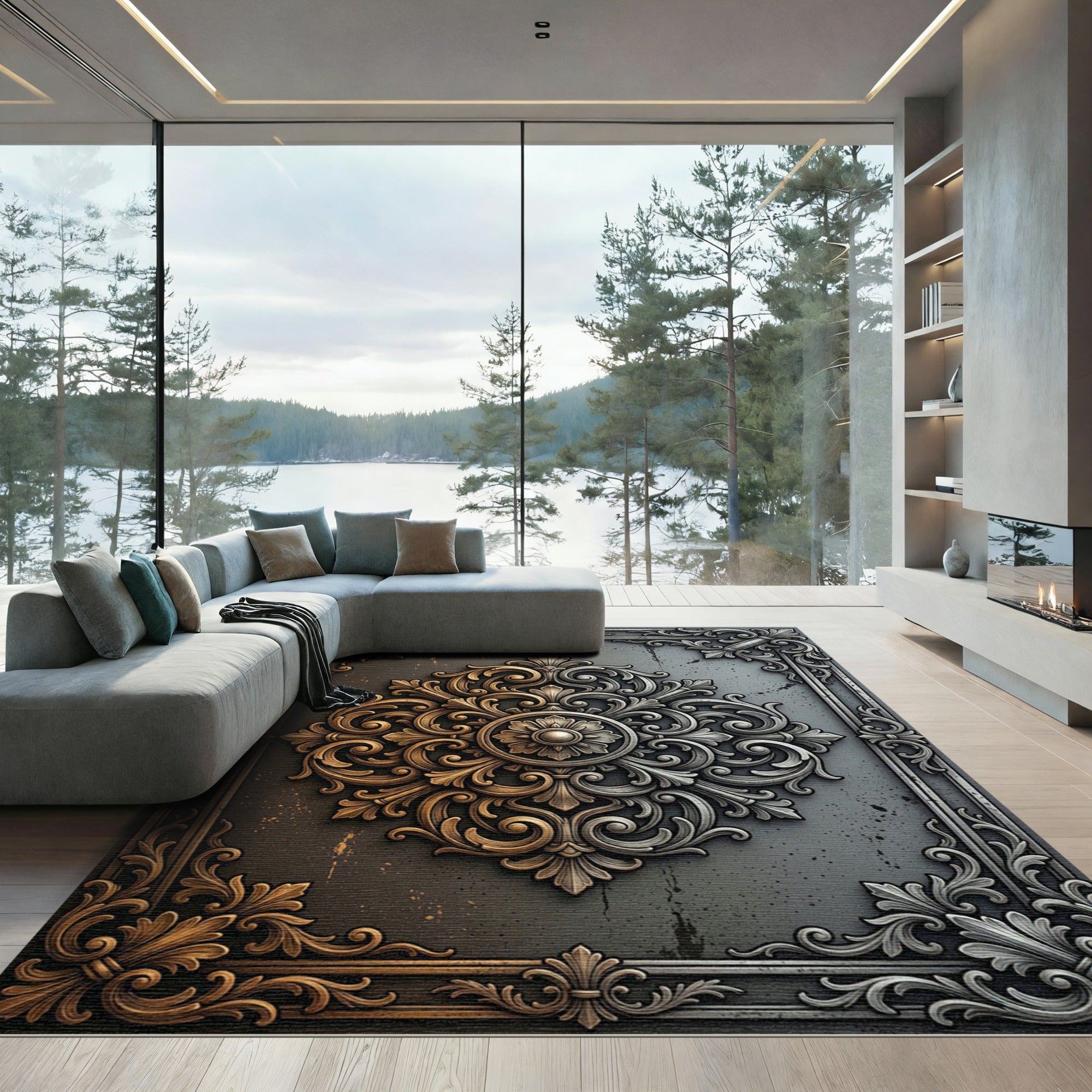 Gilded Silver Baroque Scroll Medallion Rug