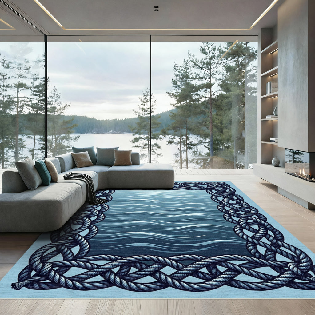 Nautical Braided Rope Navy Ocean Frame Rug