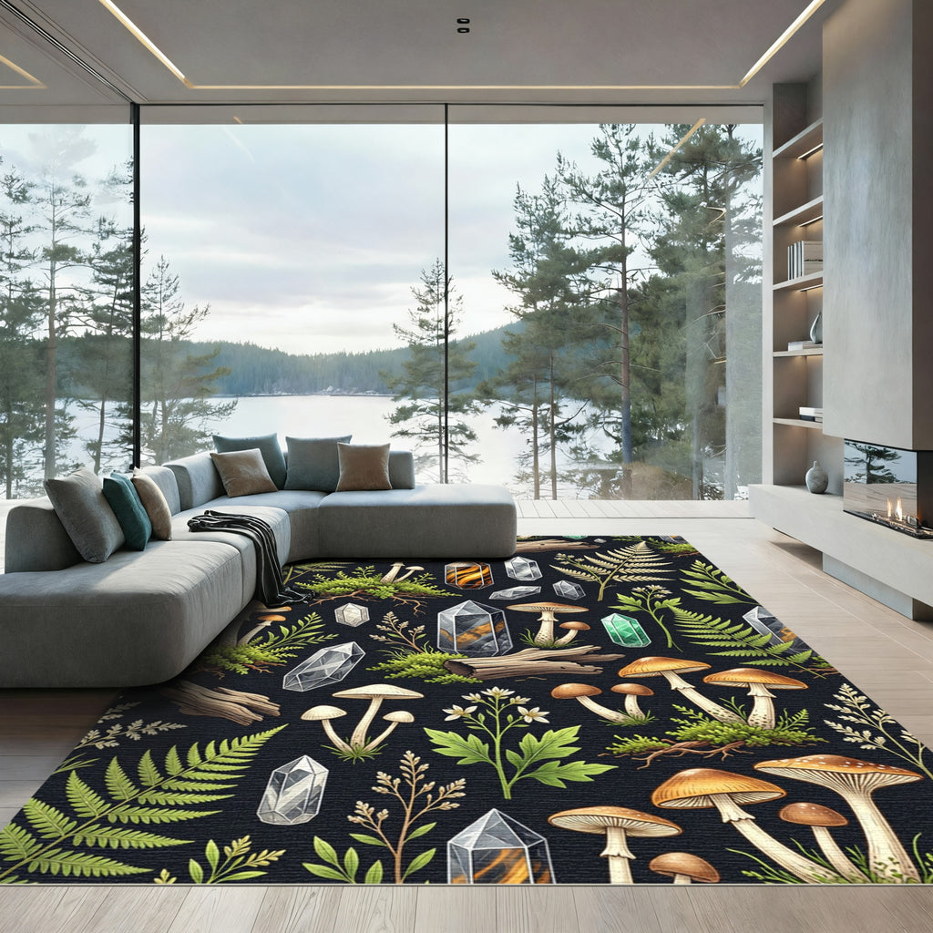 Earthy Forest Mushroom Crystal Fern Botanical Rug