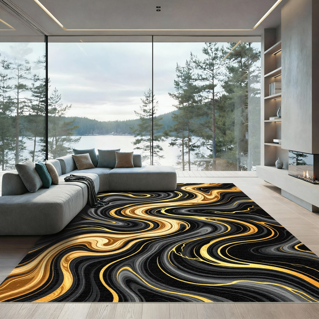Black Gold Swirl Veined Liquid Rug