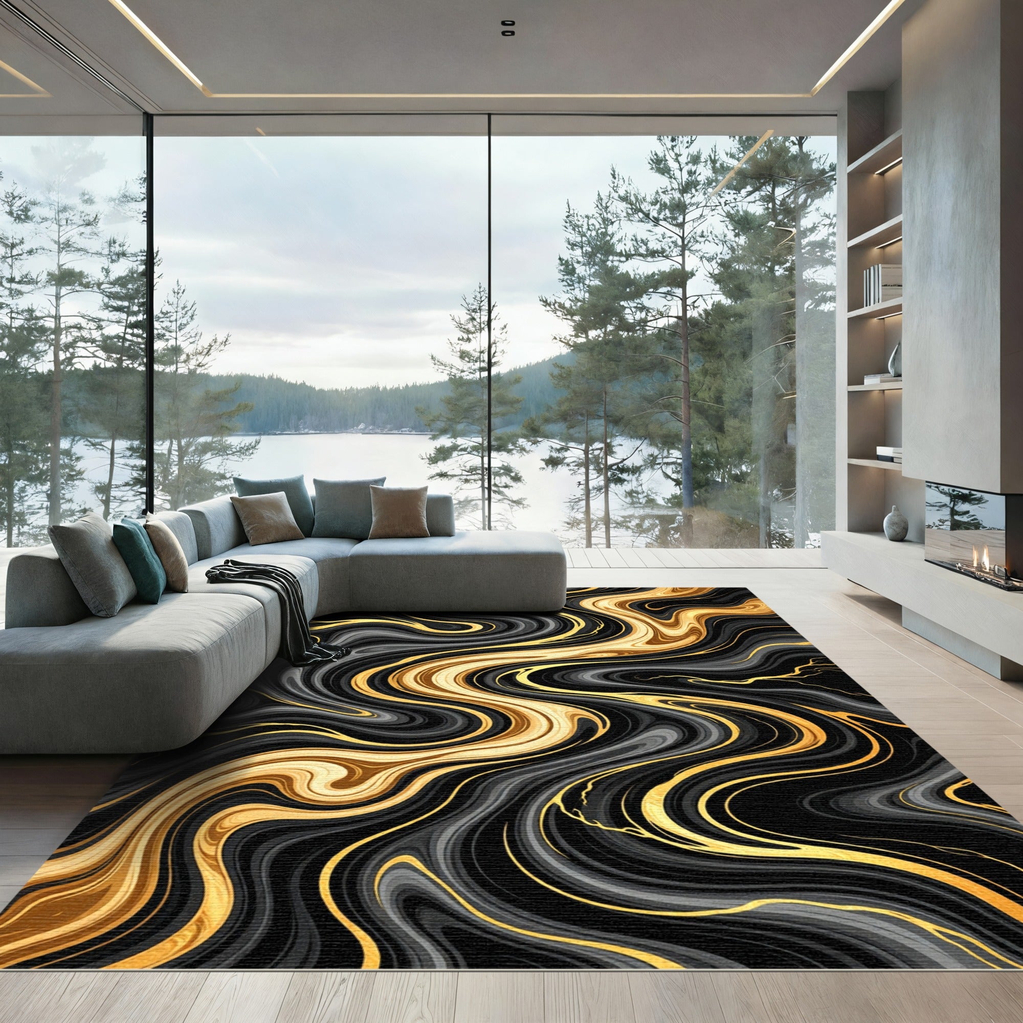 Black Gold Swirl Veined Liquid Rug
