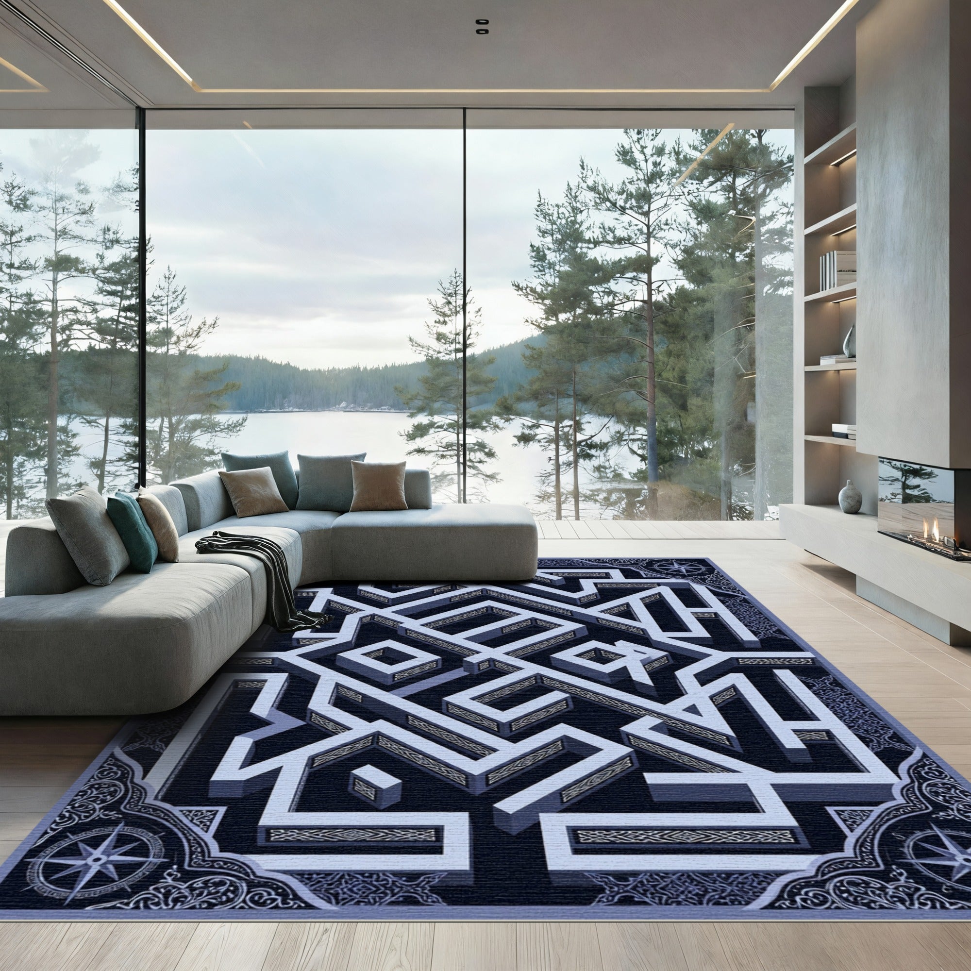 Geometric Navy Labyrinth Isometric Ornament Rug