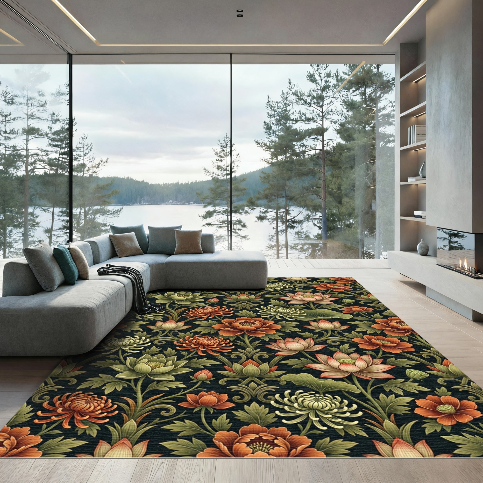 Rich Orange Floral Lotus Garden Rug