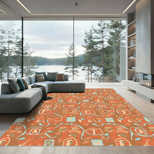 Abstract Orange Botanical Alphabet Collage Rug