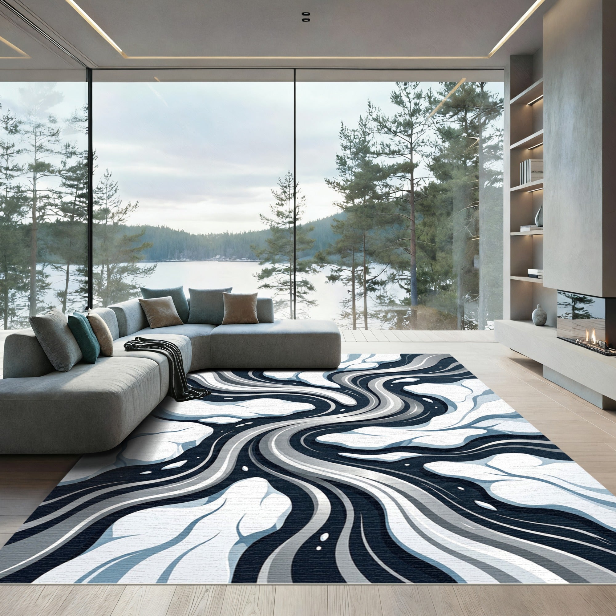 Monochrome Floating Ice Abstract Swirl Rug