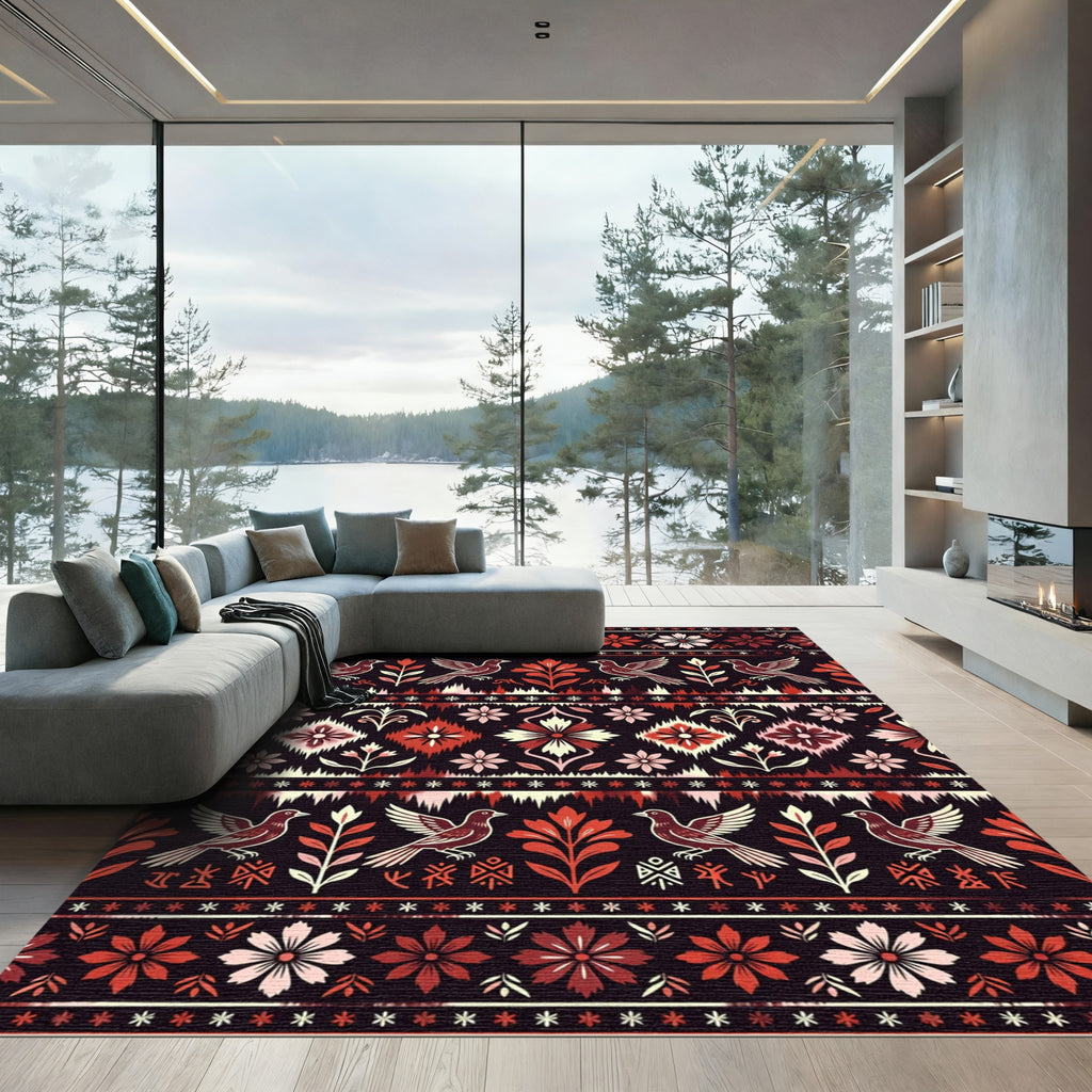 Deep Red Bird Floral Ikat Rug