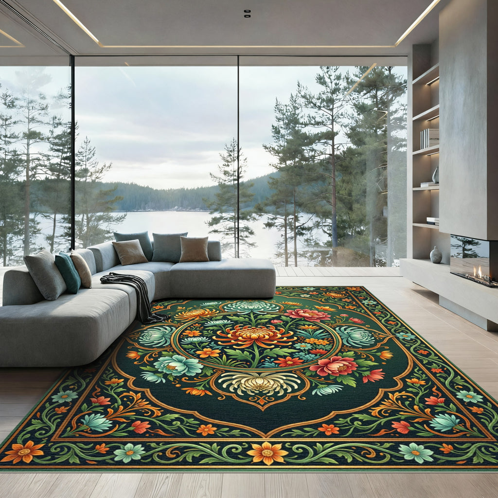 Emerald Chrysanthemum Floral Medallion Rug