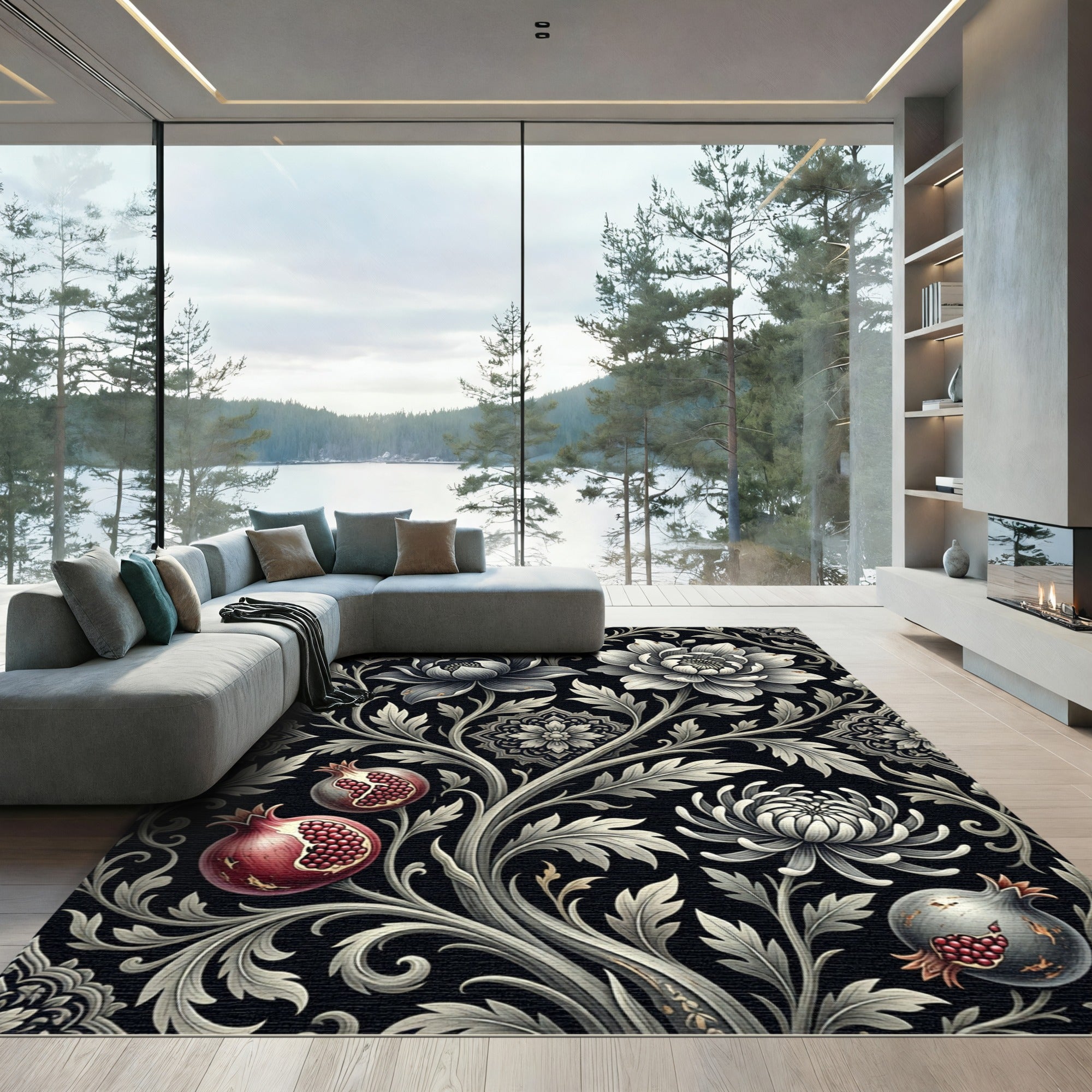 Black Floral Pomegranate Scroll Rug