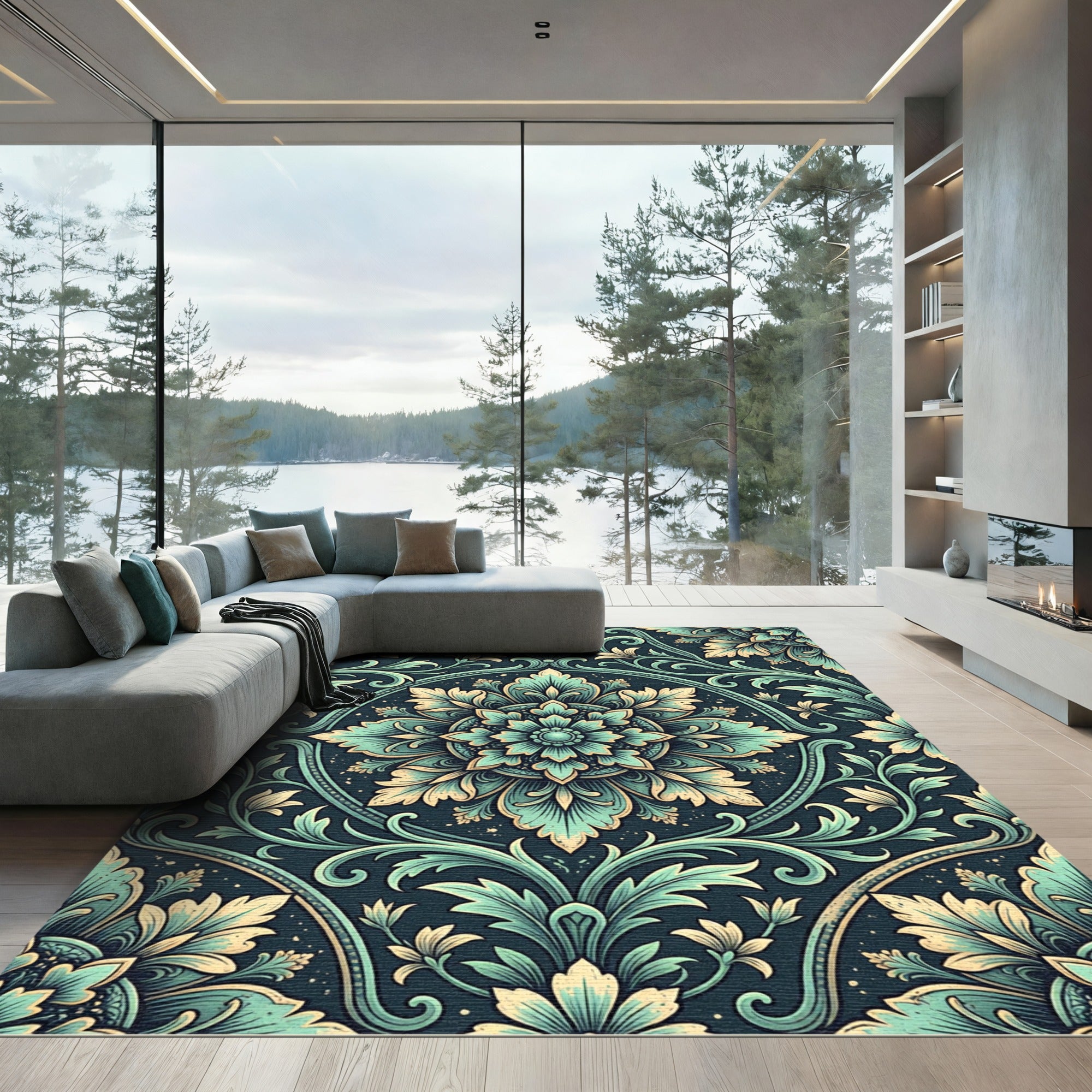 Sage Teal Elaborate Ornate Medallion Rug
