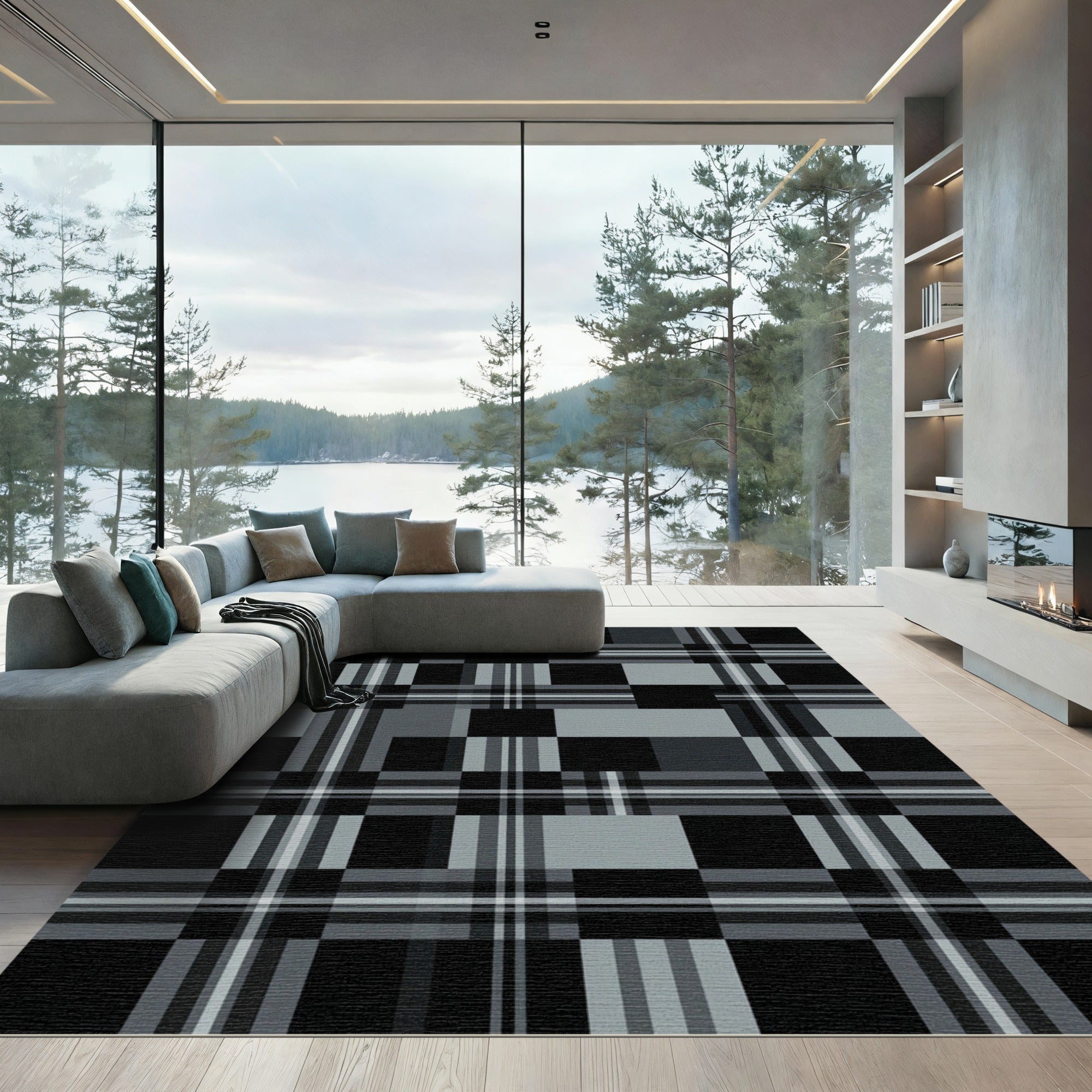 Monochromatic Charcoal and Black Plaid Check Rug