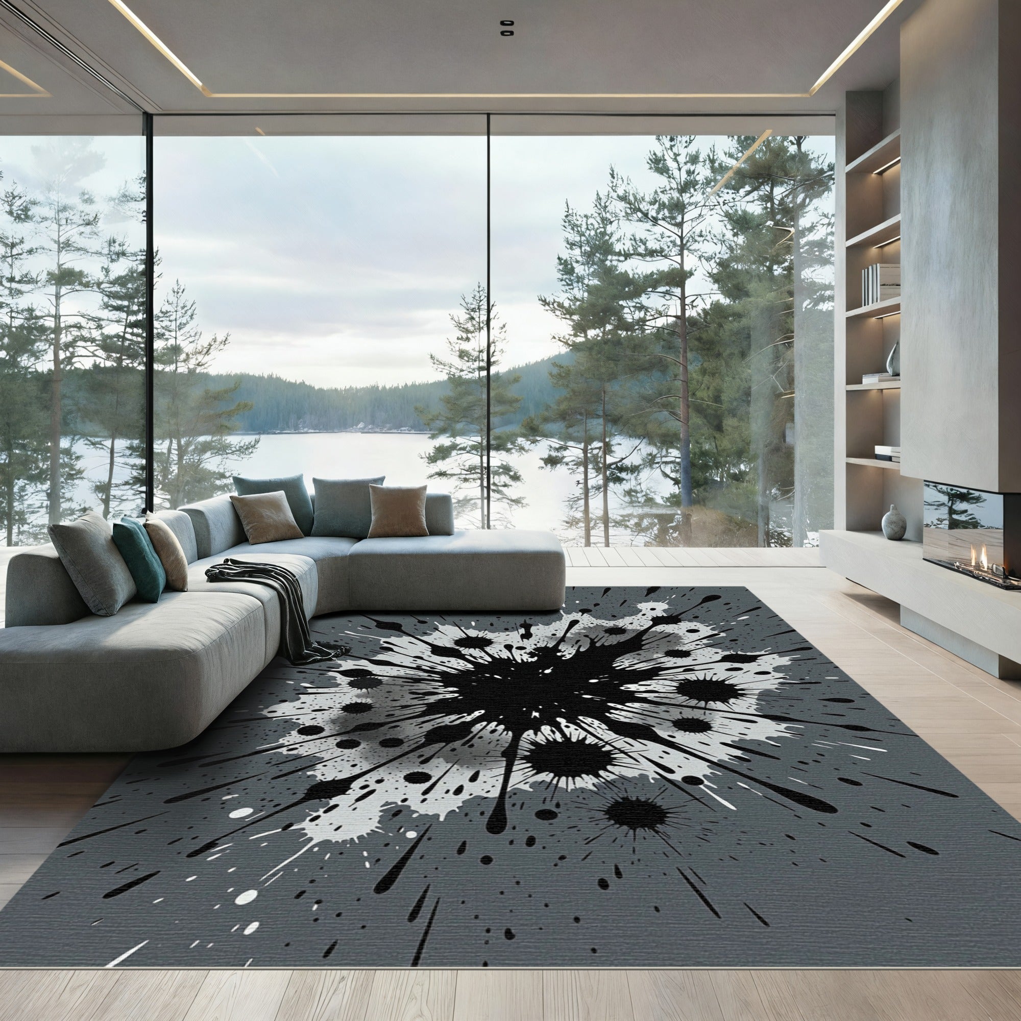 Abstract Monochrome Ink Splatter Art Rug
