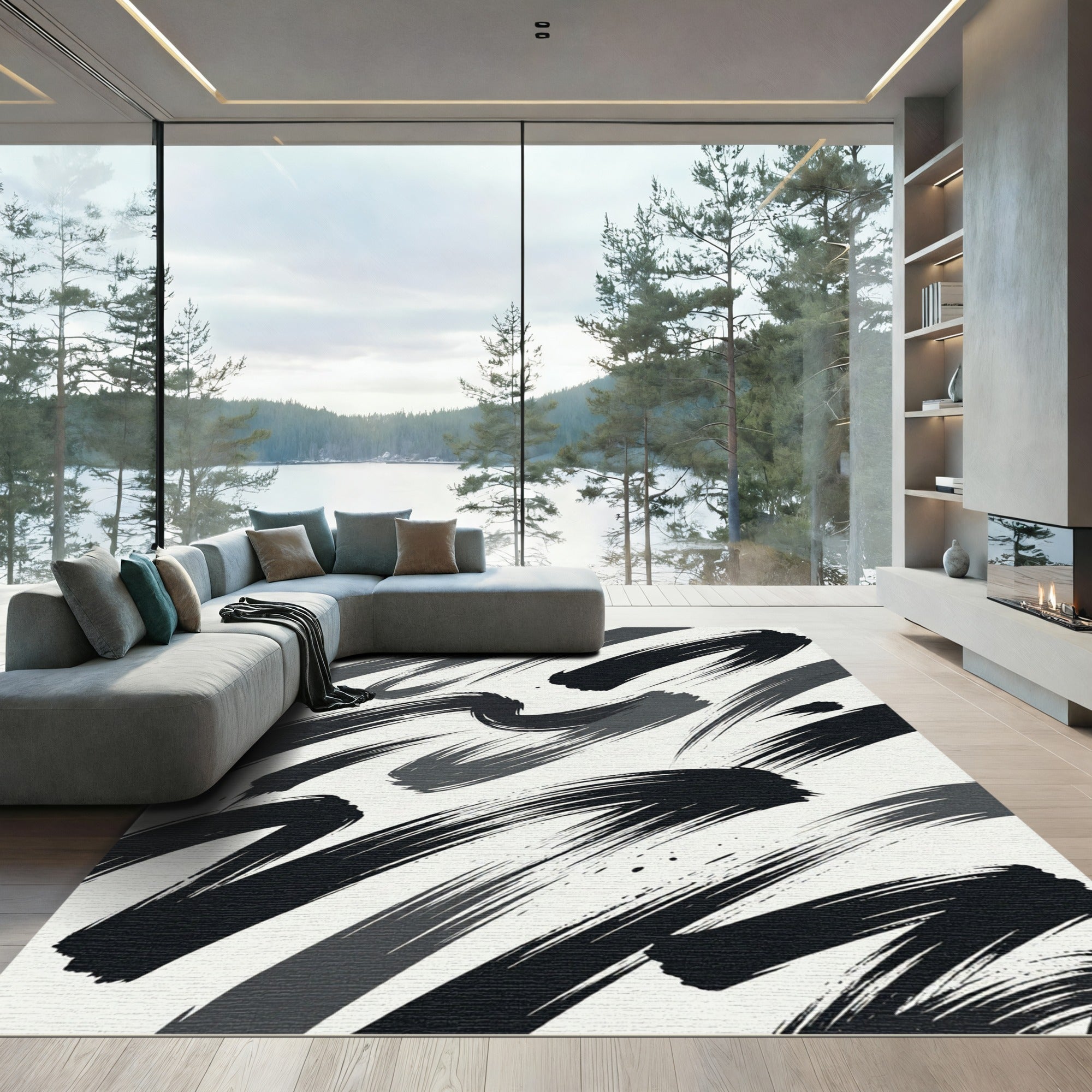 Minimalist Black and White Abstract Brushstroke Rug