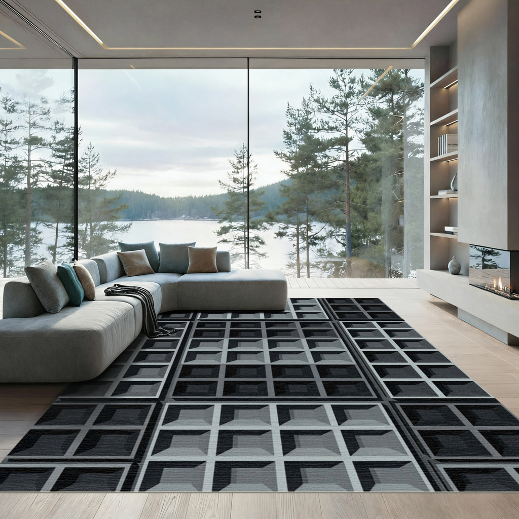 Modern Charcoal Grid Geometric Rug