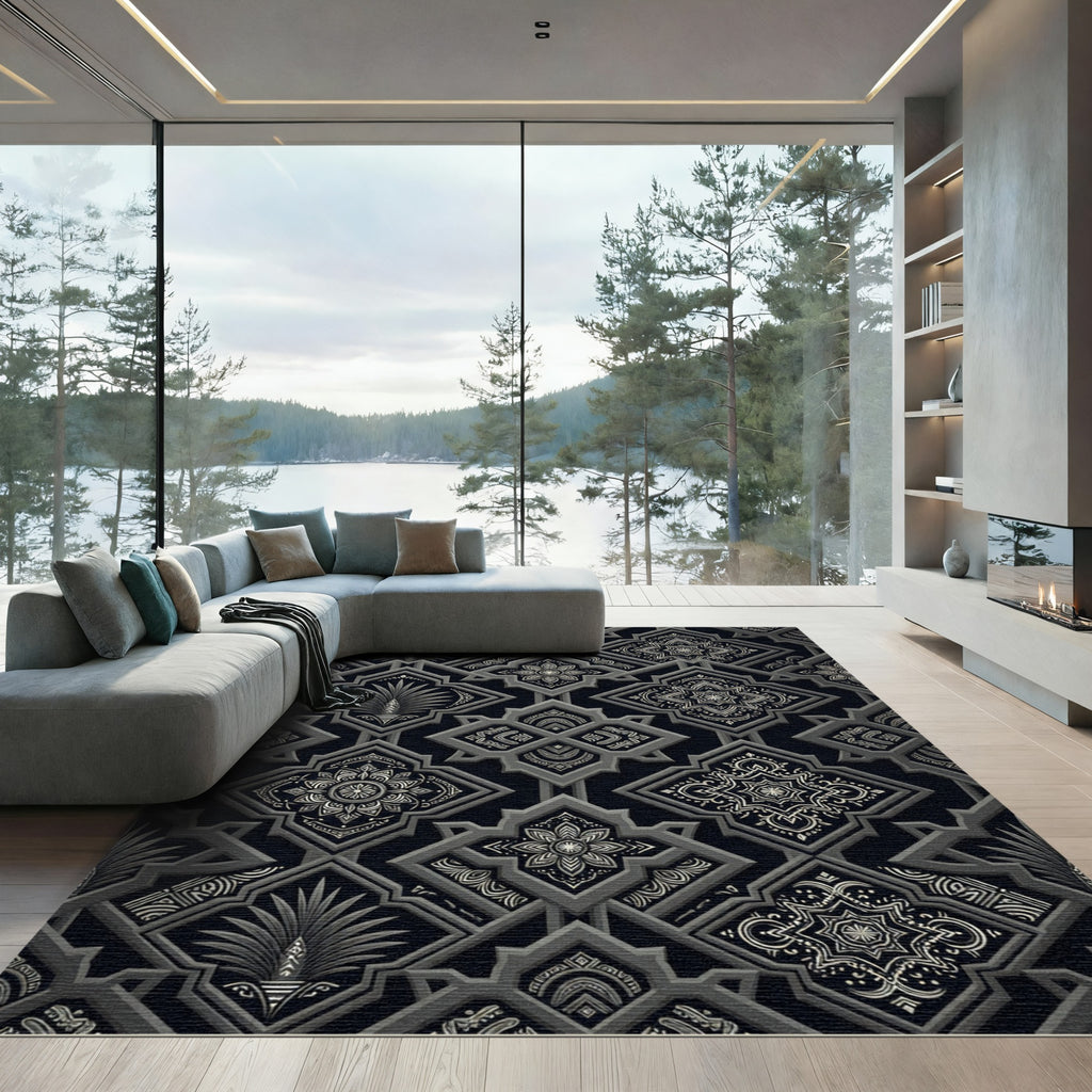 Monochrome Geometric Damask Lattice Rug