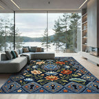 Dark Blue Floral Keyhole Border Rug