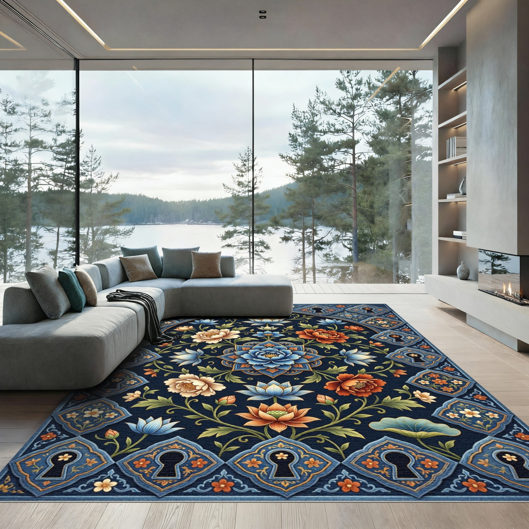 Dark Blue Floral Keyhole Border Rug