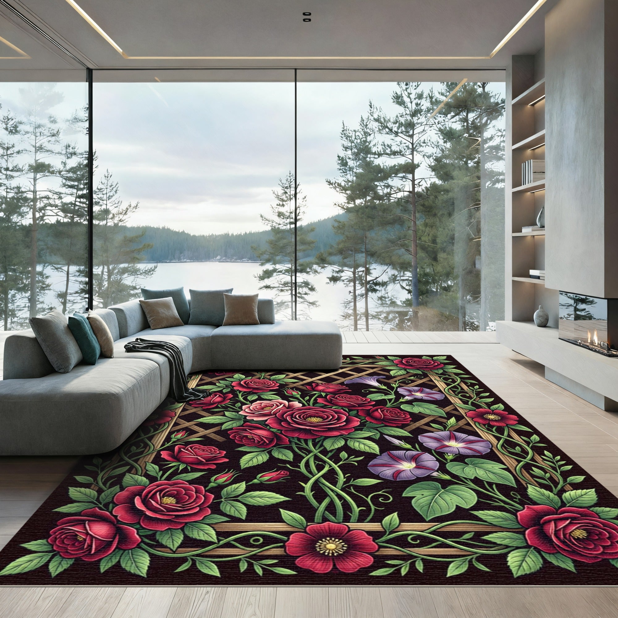 Enchanting Crimson Rose and Morning Glory Rug