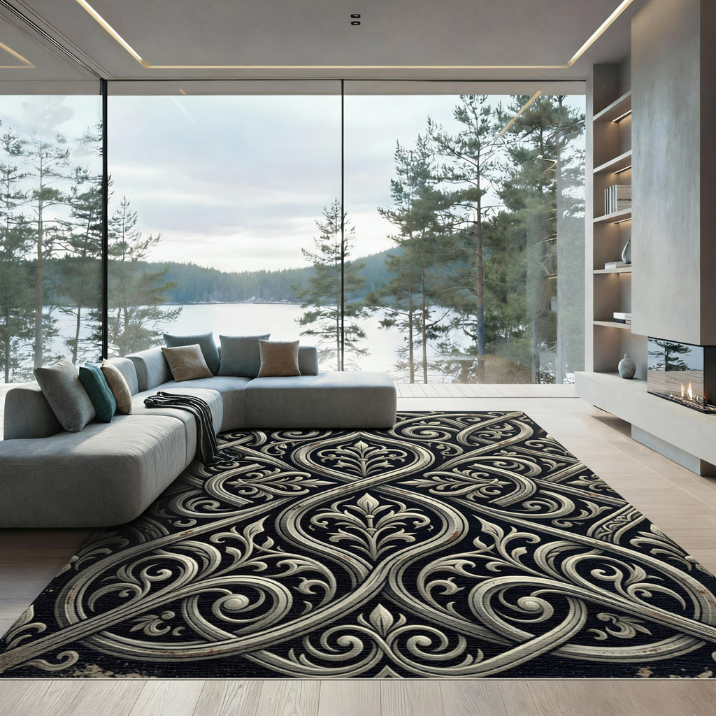Fleur-de-Lis Scrollwork Iron Black Rug