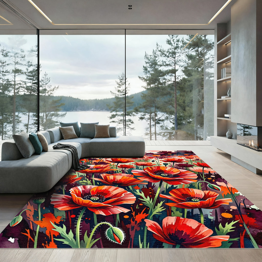 Vibrant Watercolor Red Poppy Field Rug