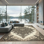 Ornate Taupe Floral Damask Medallion Rug
