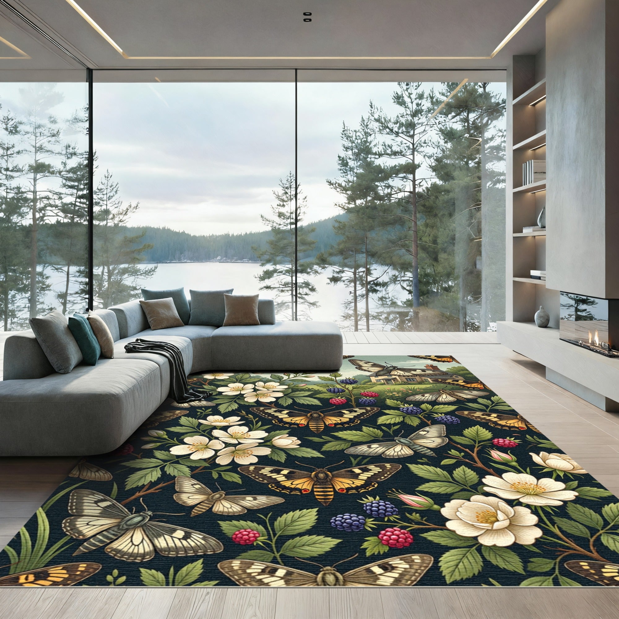 Whimsical Golden Butterfly and Blackberry Garden Rug
