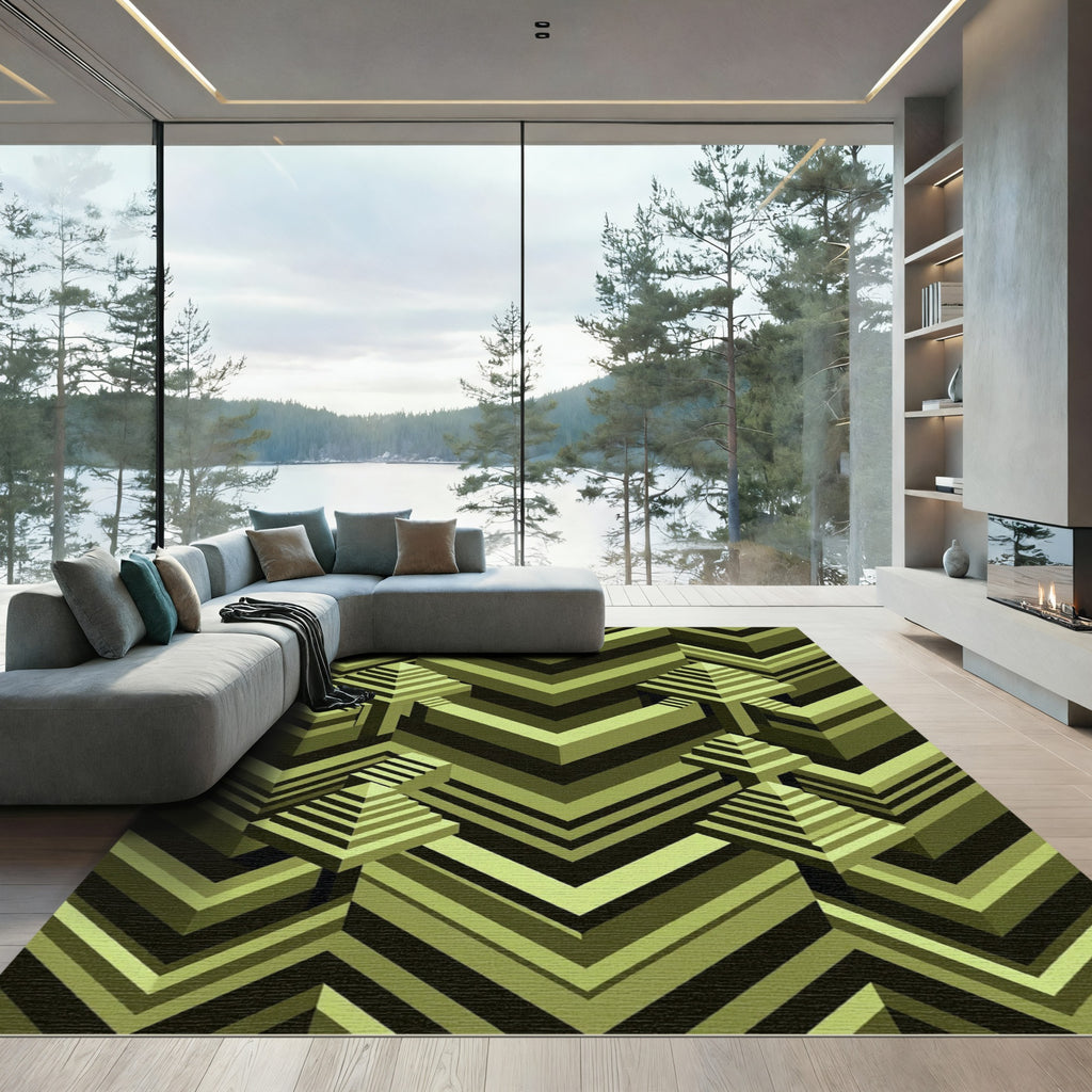 Geometric Olive Chevron Isometric Pyramid Rug
