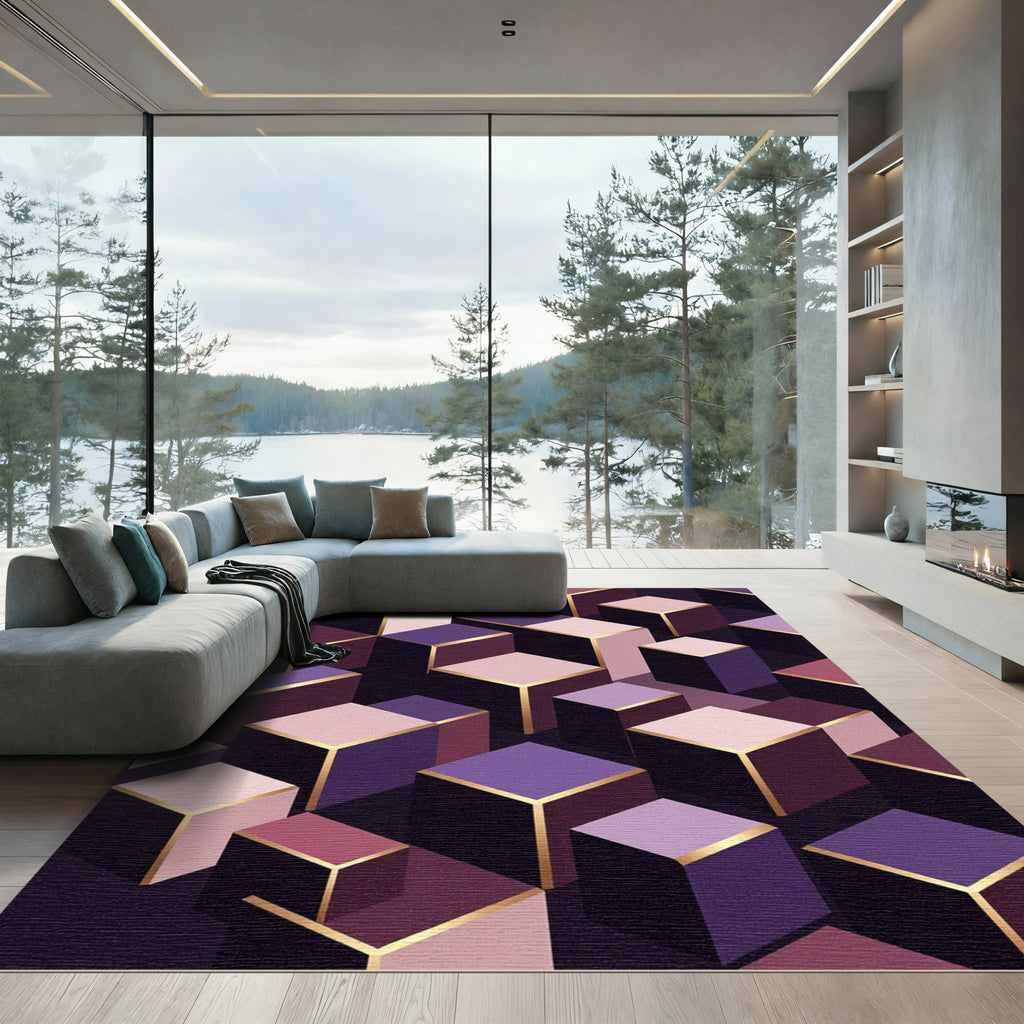 Geometric Isometric Purple and Gold Cube Rug