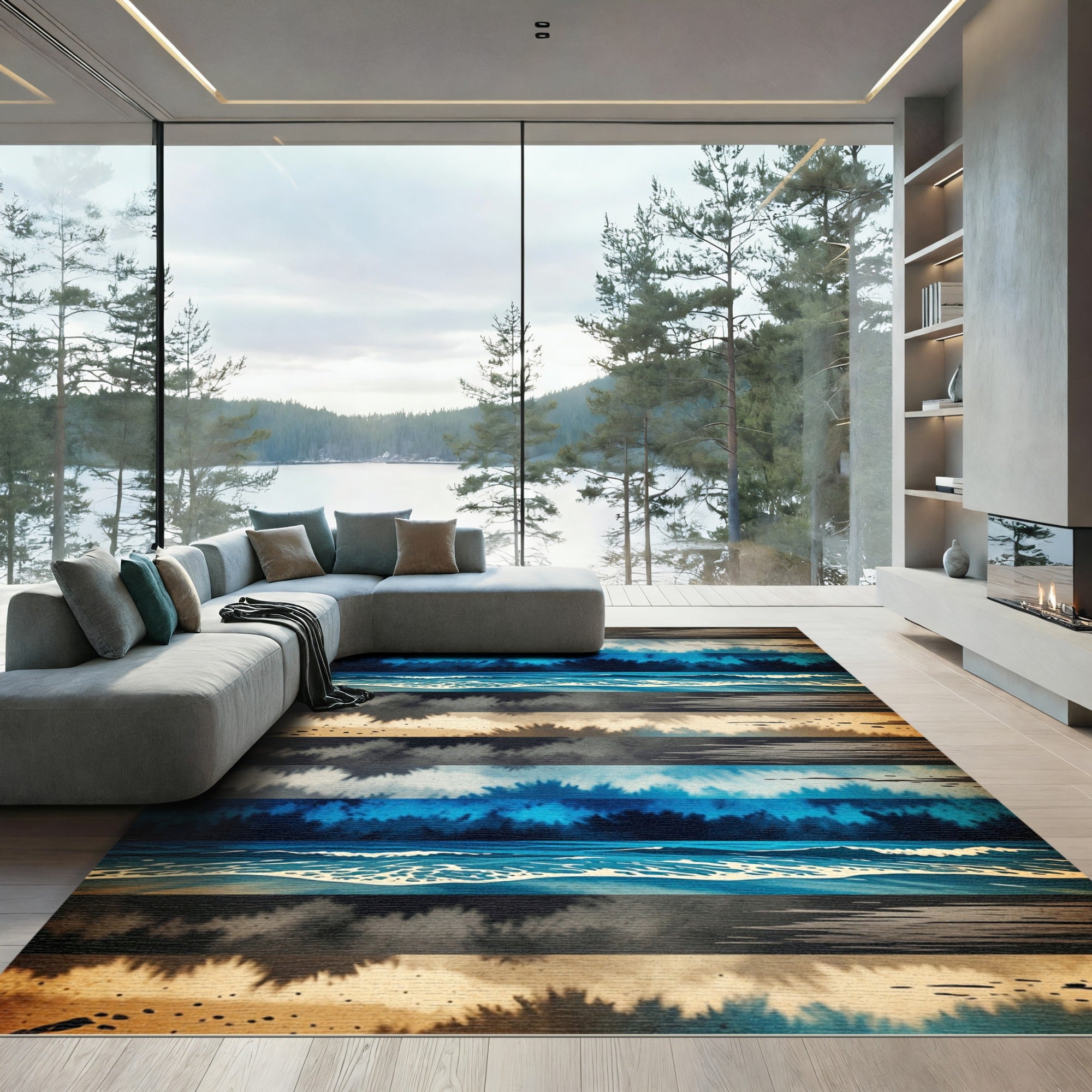 Ethereal Blue Coastal Linear Ocean Wave Rug