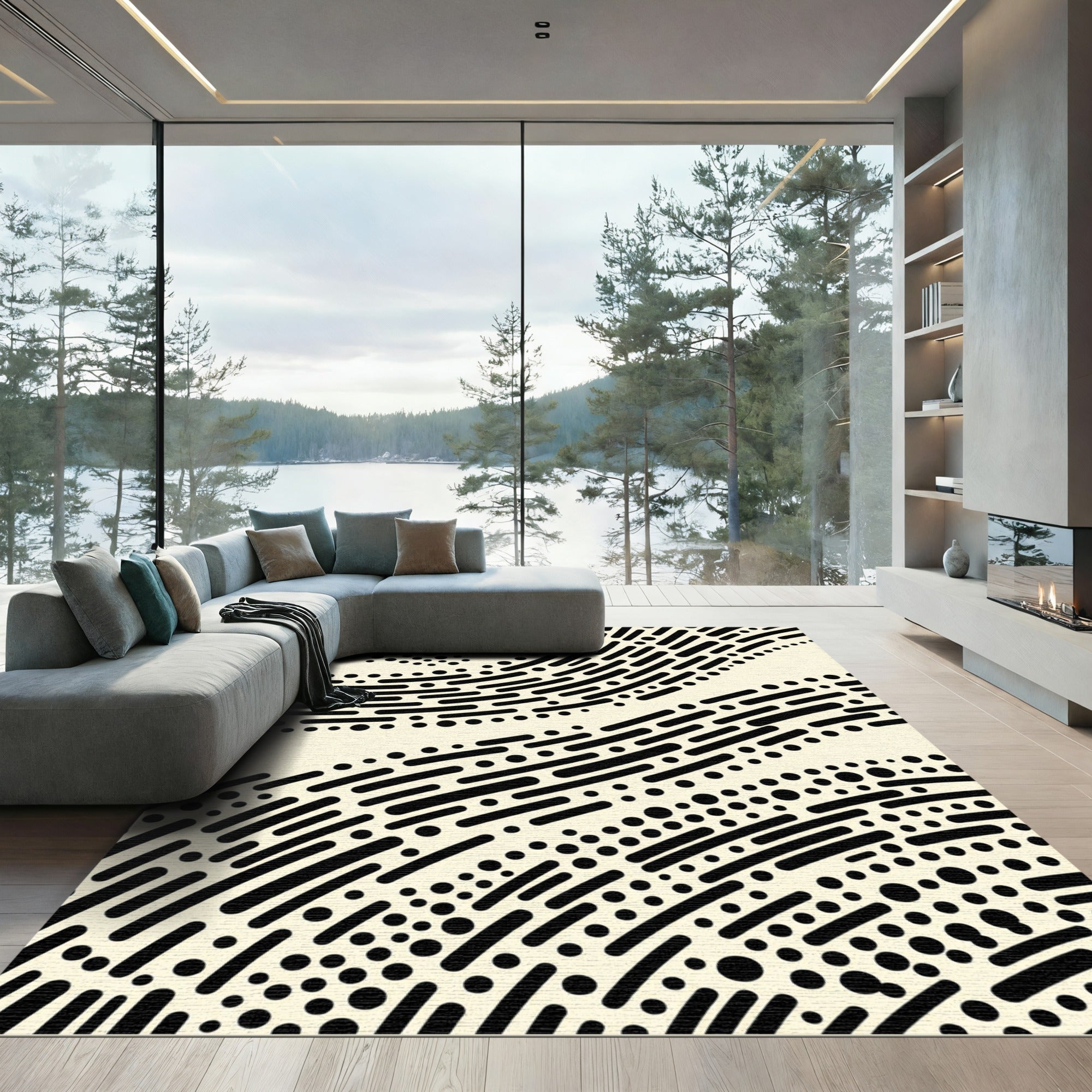 Abstract Black Dot Curve Rug