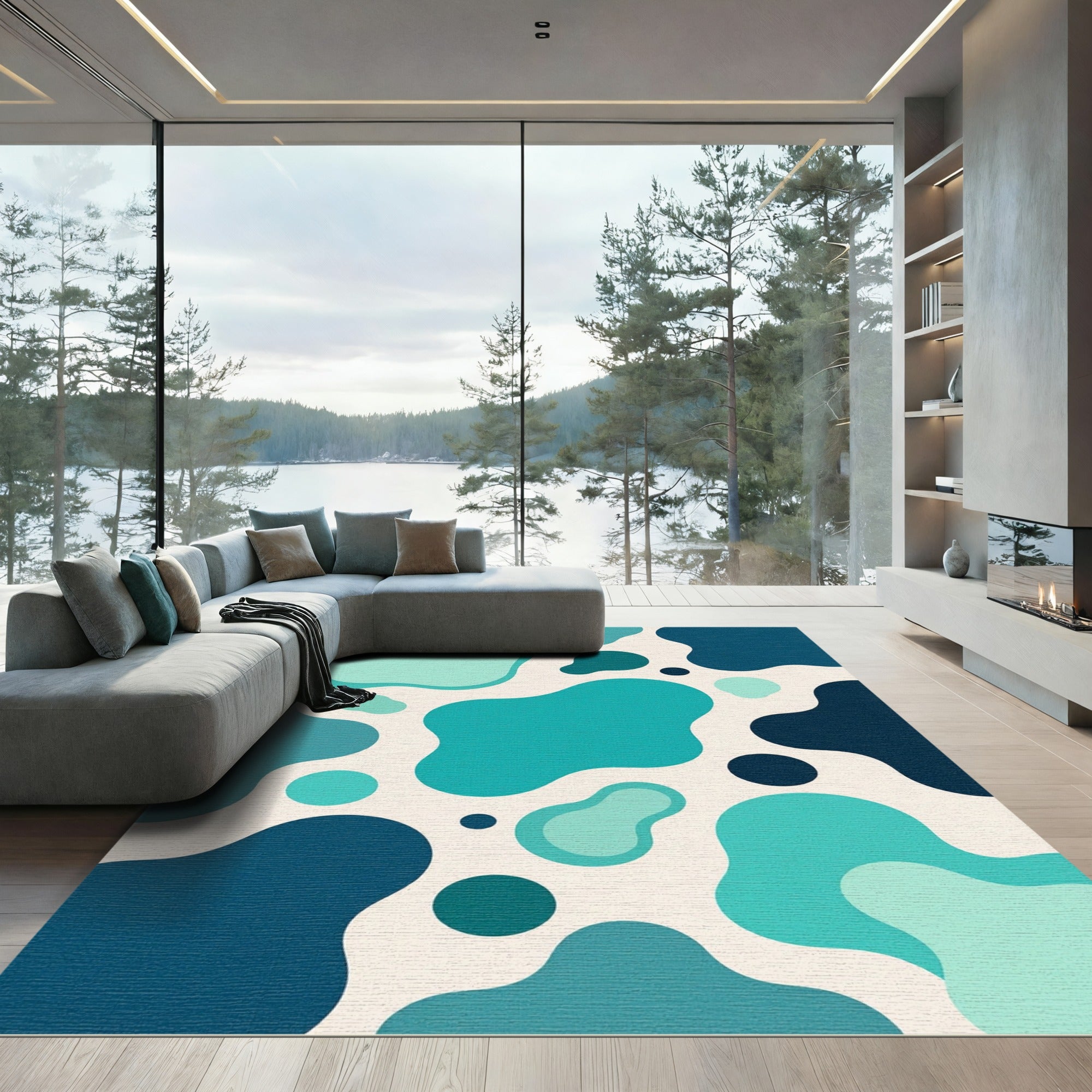 Abstract Teal and Navy Liquid Shape Rug