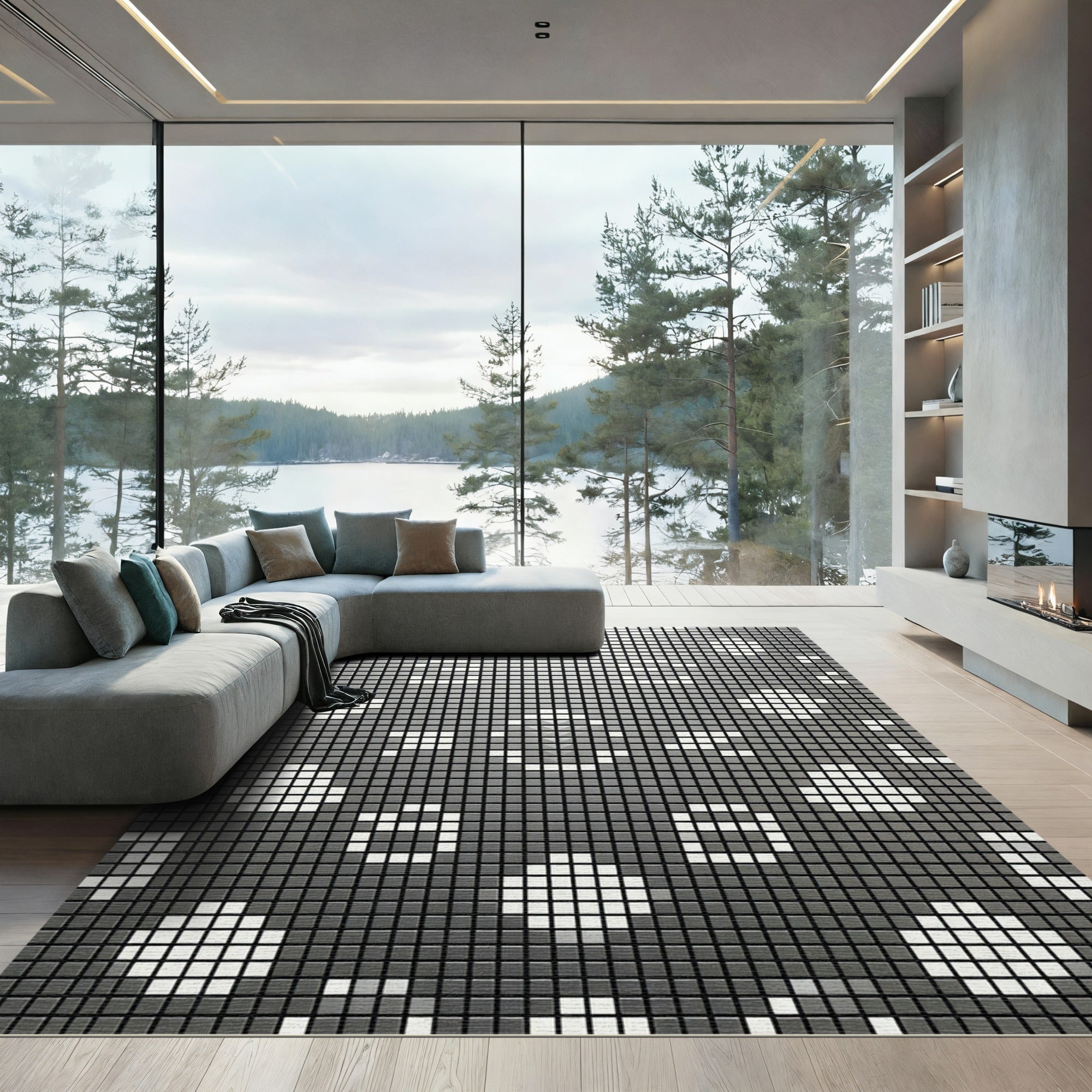 Gray White Pixelated Floral Rug