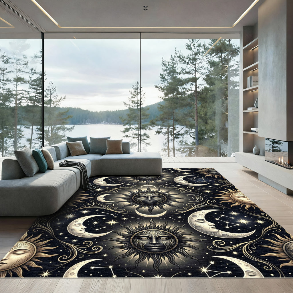 Celestial Sun Moon Constellation Black Gold Rug