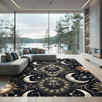 Celestial Sun Moon Constellation Black Gold Rug