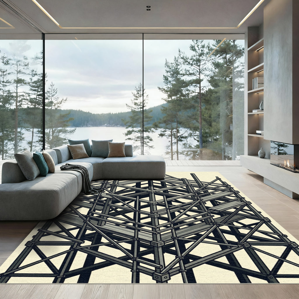 Industrial Monochrome Geometric Scaffold Grid Rug