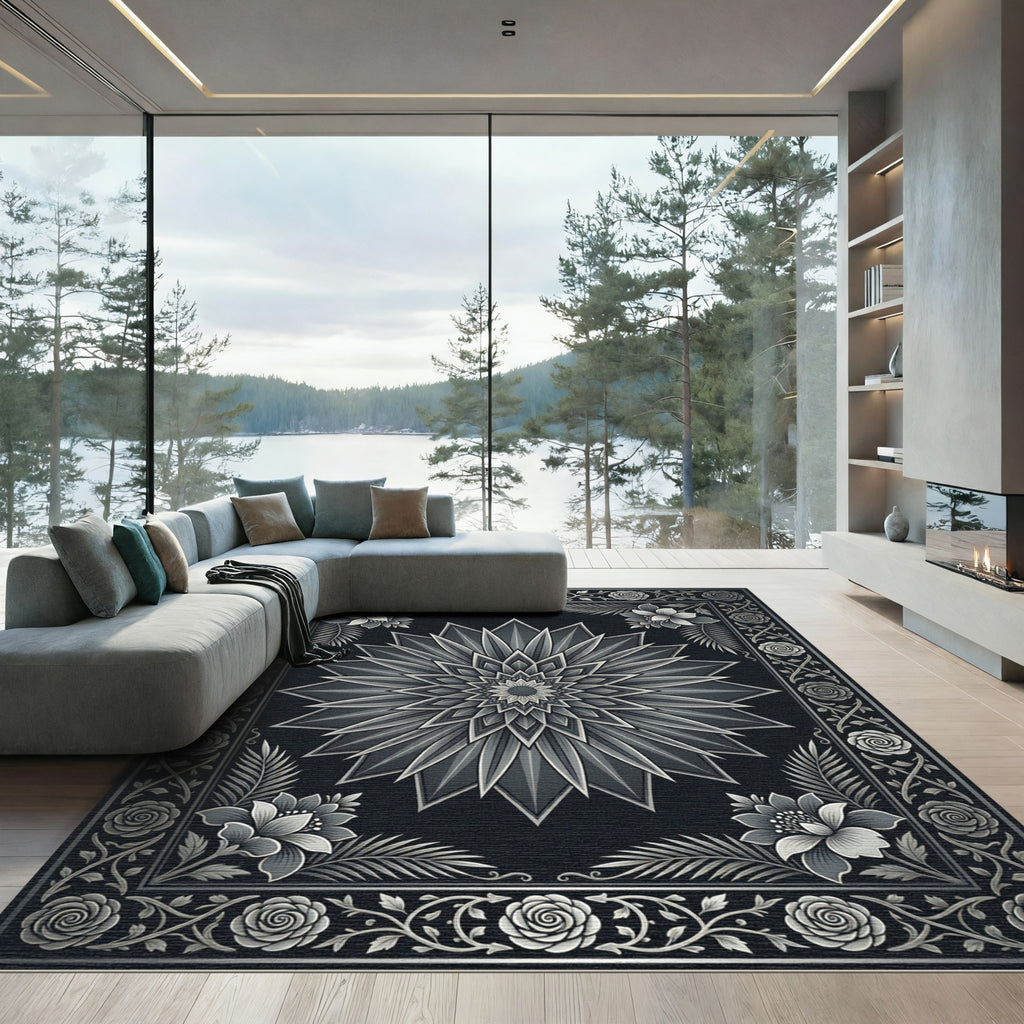 Monochromatic Floral Mandala Art Rug