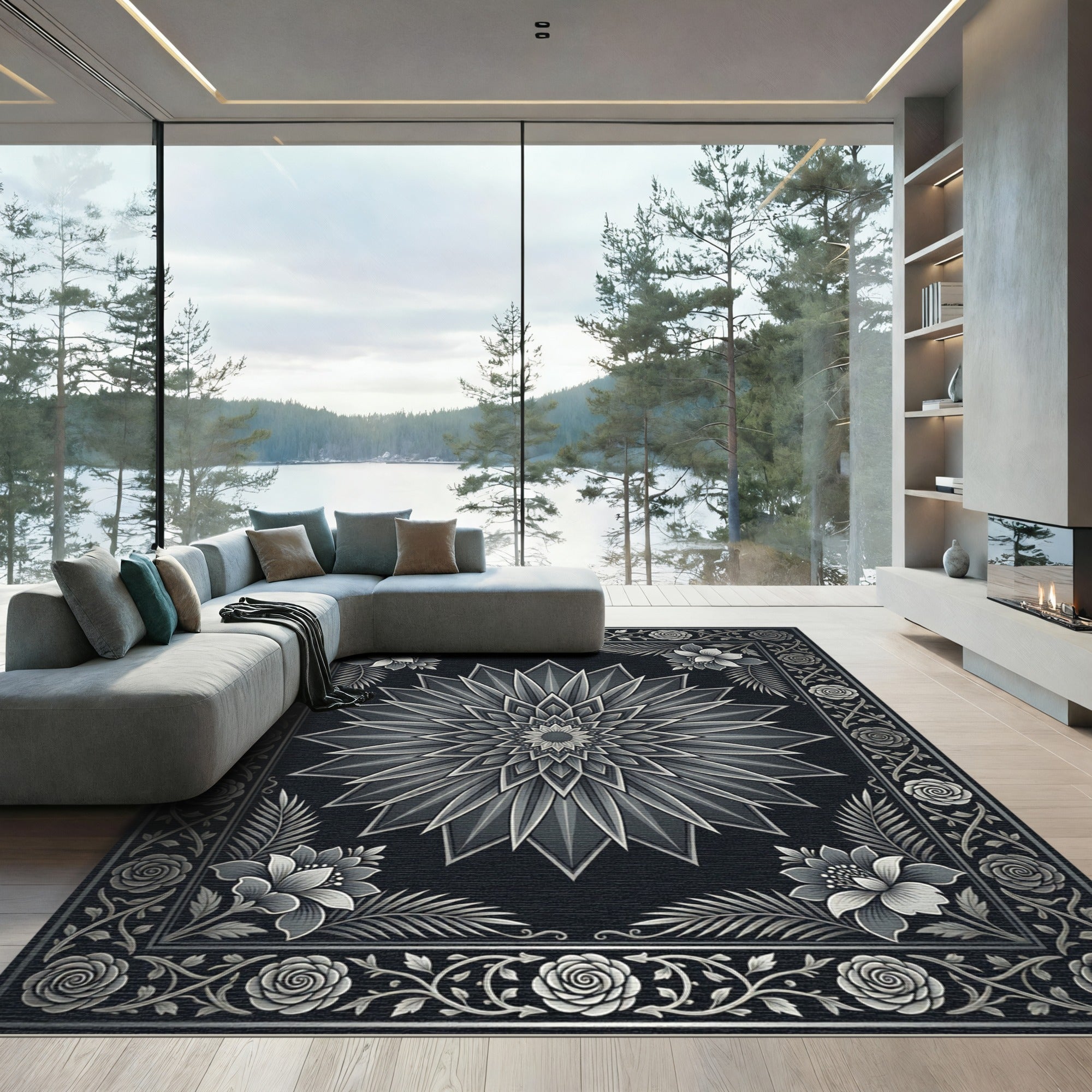 Monochromatic Floral Mandala Art Rug