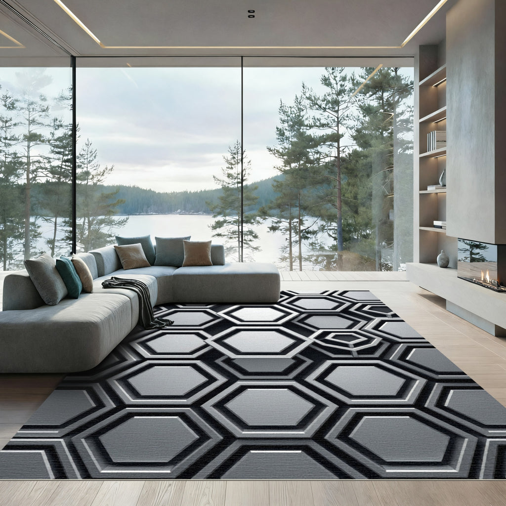 Monochromatic Silver Geometric Hexagonal Relief Rug