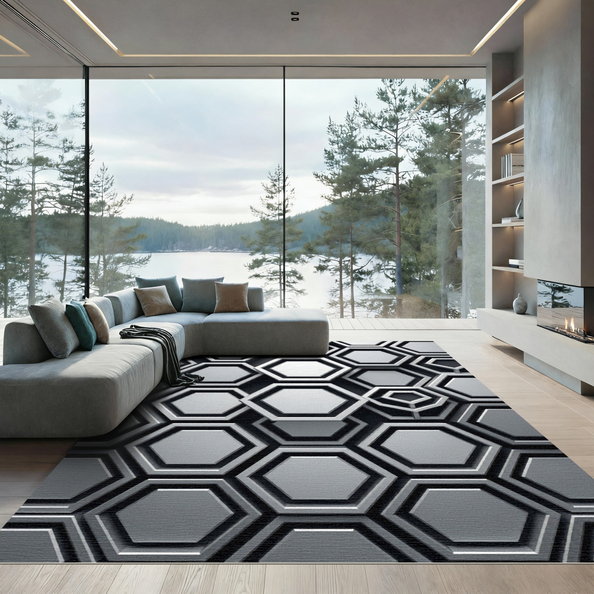 Monochromatic Silver Geometric Hexagonal Relief Rug
